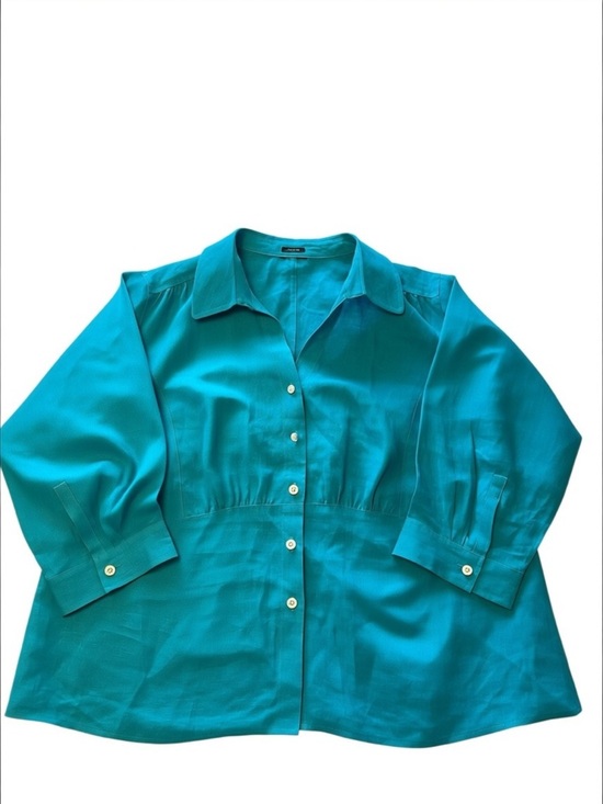 Tops - Irish Linen Turquoise Collared Blouse Button Front Cinched Waist 2X